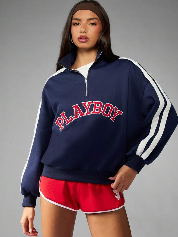 missguided Missguided x Playboy Half Zip Funnel Neck Sweatshirt With Side Stripes