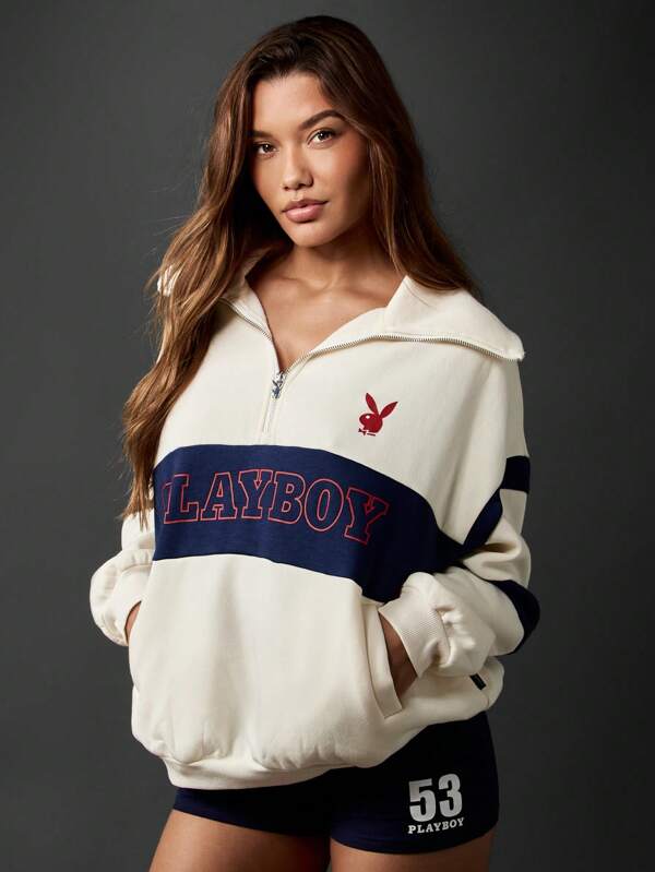 missguided Missguided x Playboy Half Zip Retro Sports Style Pullover Sweatshirt