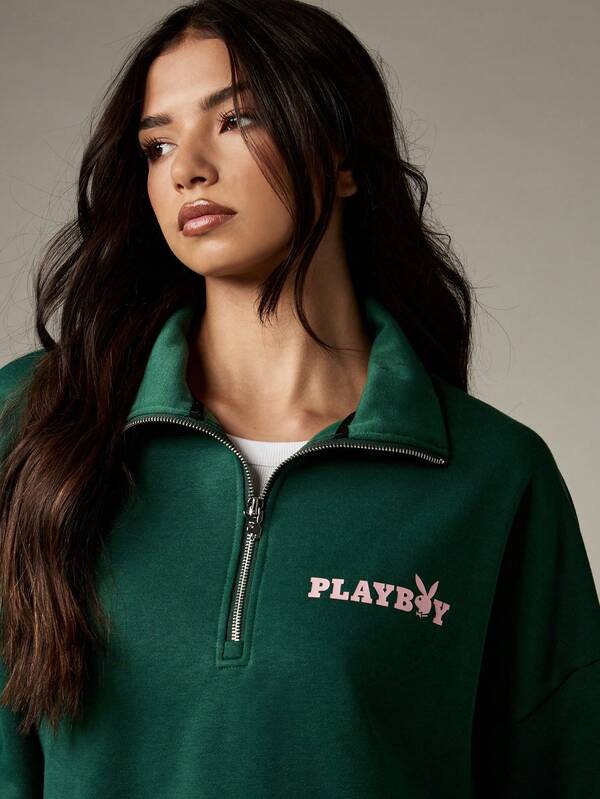 Missguided Missguided X Playboy Half Zip Sweatshirt With Contrast Logo Print