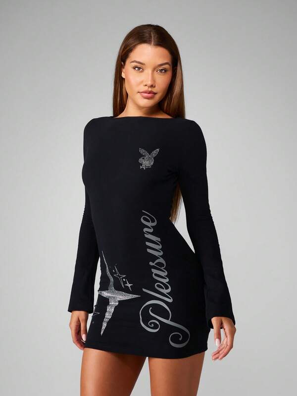 Missguided Missguided X Playboy Halloween Bell Sleeve Mini Dress With Rhinestone Airplane Design