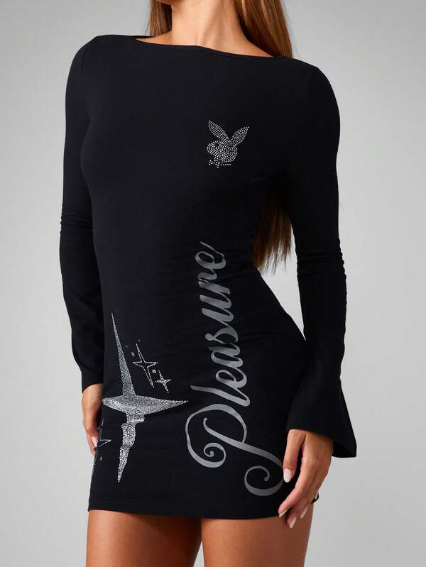 missguided Missguided x Playboy Halloween Bell Sleeve Mini Dress With Rhinestone Airplane Design
