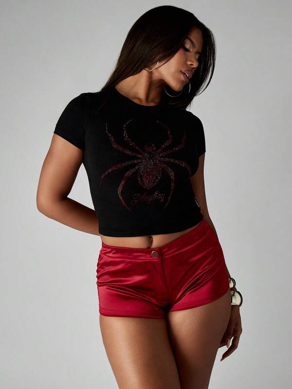 Missguided Missguided X Playboy Halloween Black Crop T-Shirt With Crystal Spider Design