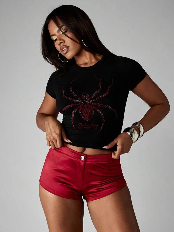 missguided Missguided x Playboy Halloween Black Crop T-Shirt With Crystal Spider Design