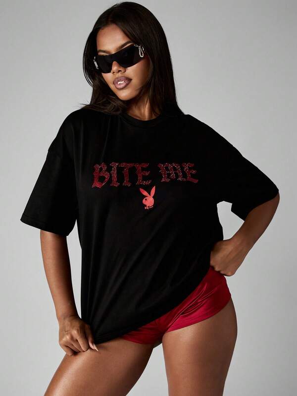 Missguided Missguided X Playboy Halloween Diamante Graphic Oversized T Shirt