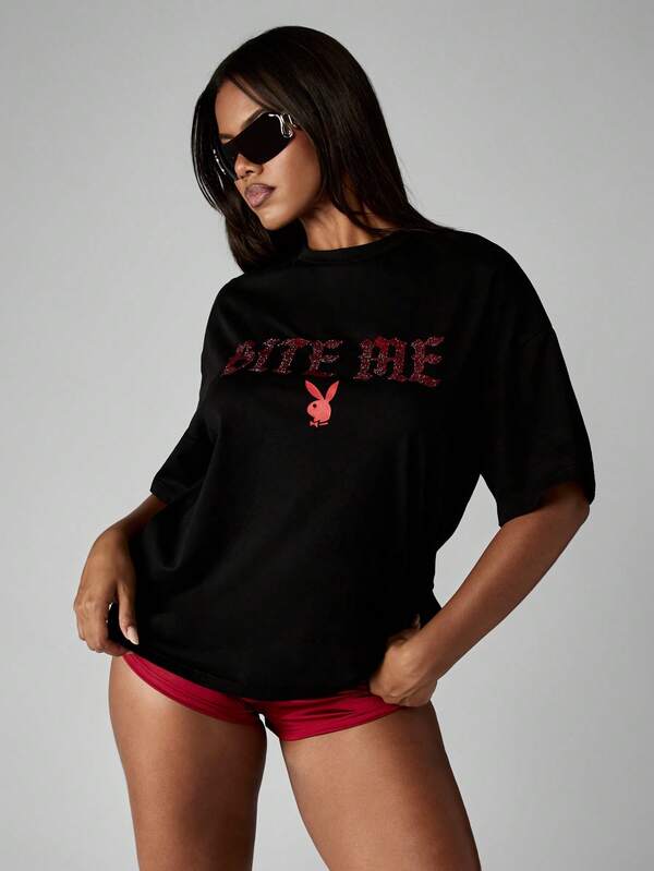 missguided Missguided x Playboy Halloween Diamante Graphic Oversized T Shirt