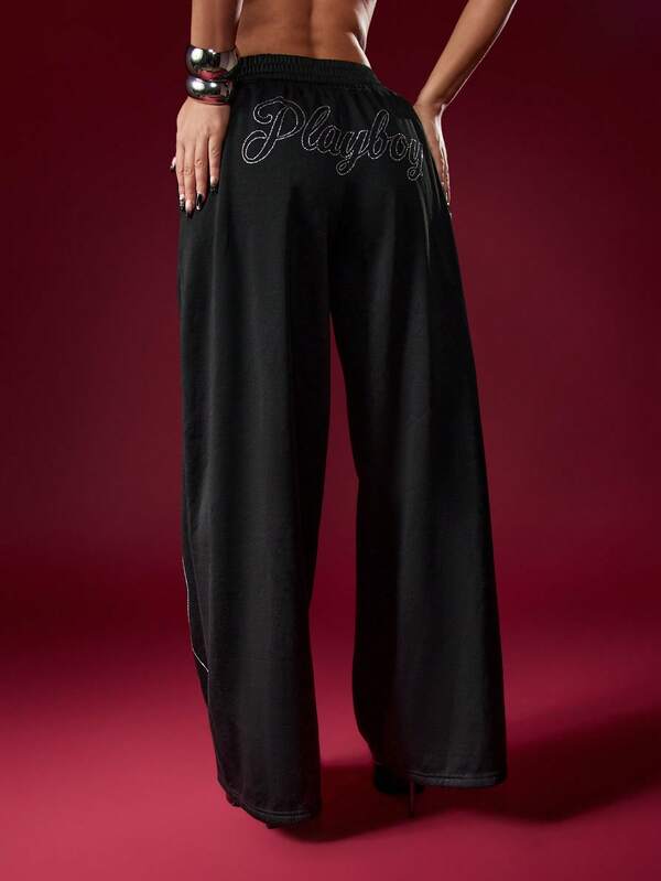 Missguided Missguided X Playboy Halloween Drawstring Sweatpants With Flame Embroidery