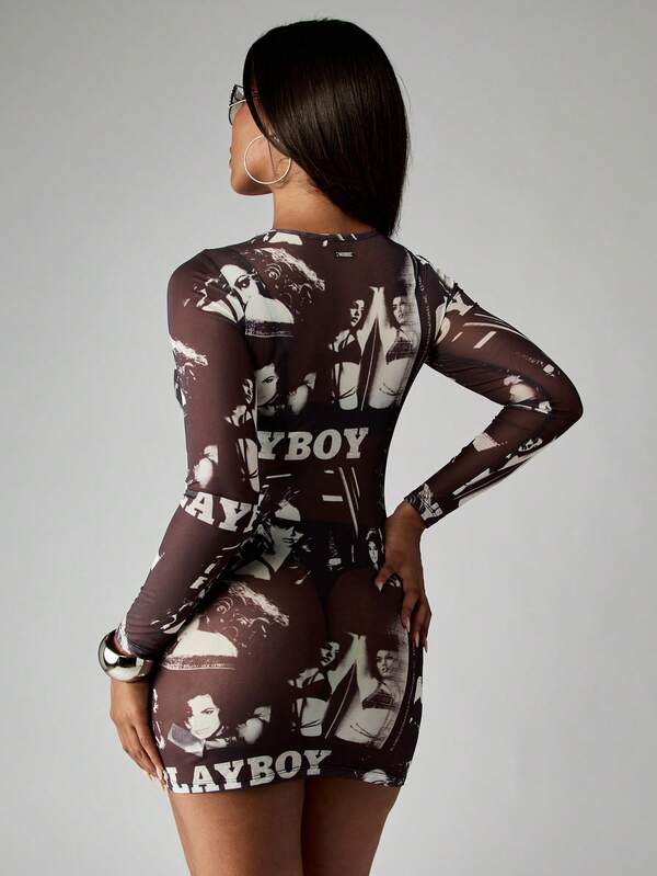 Missguided Missguided X Playboy Halloween Fitted Long Sleeve Portrait Print Mini Dress