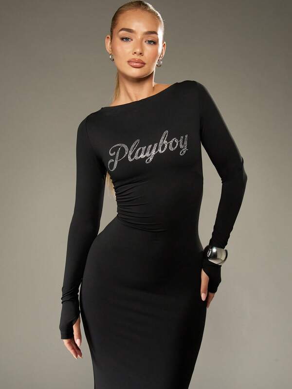 Missguided Missguided X Playboy Halloween Form Fitting Maxi Dress With Rhinestone Text And Lace Up Back