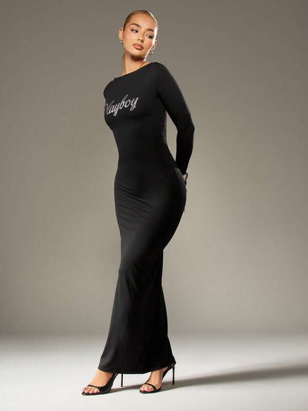 Missguided Missguided X Playboy Halloween Form Fitting Maxi Dress With Rhinestone Text And Lace Up Back