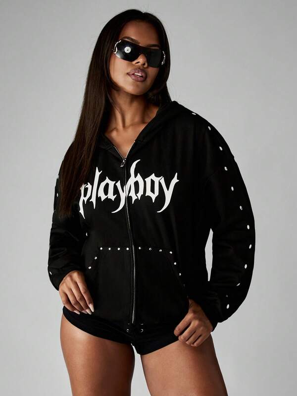 Missguided Missguided X Playboy Halloween Full Zip Metal Studded Hoodie With Gothic Text
