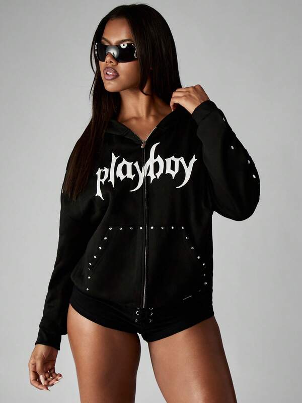 missguided Missguided x Playboy Halloween Full Zip Metal Studded Hoodie With Gothic Text