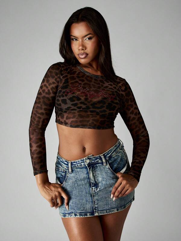 Missguided Missguided X Playboy Halloween Leopard Print Long Sleeve Crop Top