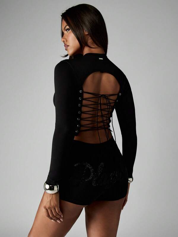 Missguided Missguided X Playboy Halloween Long Sleeve Cropped Top With Lace Up Back