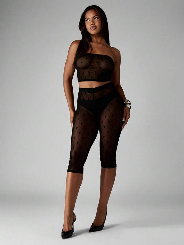 Missguided Missguided X Playboy Halloween Mesh Strapless Crop Top And Capri Pants Set