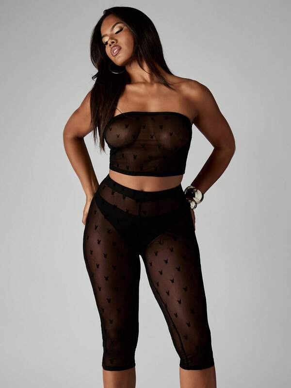 missguided Missguided x Playboy Halloween Mesh Strapless Crop Top And Capri Pants Set