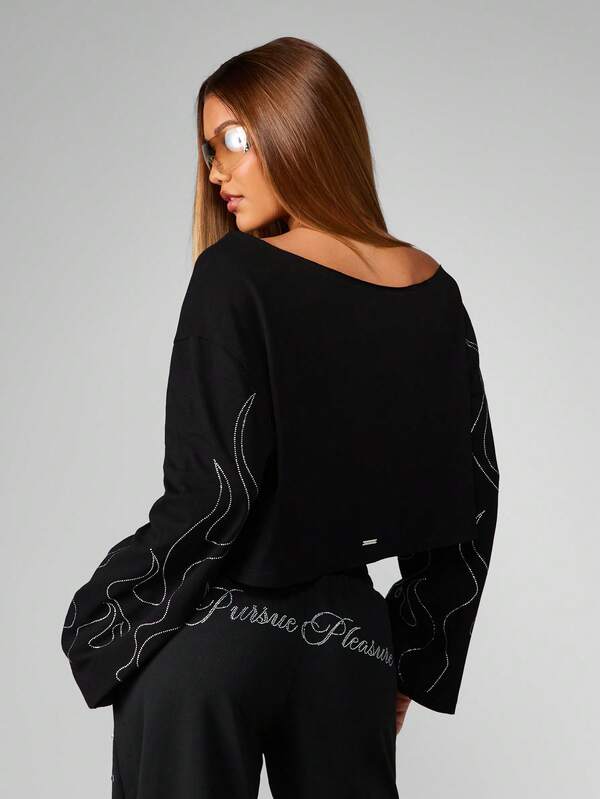 Missguided Missguided X Playboy Halloween Off Shoulder Crop Top With Crystal Flame Design