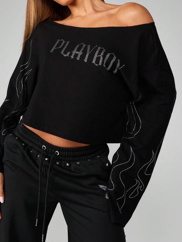 Missguided Missguided X Playboy Halloween Off Shoulder Crop Top With Crystal Flame Design