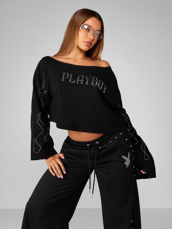 missguided Missguided x Playboy Halloween Off Shoulder Crop Top With Crystal Flame Design