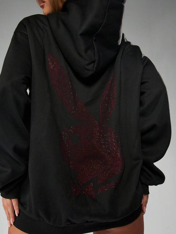 Missguided Missguided X Playboy Halloween Oversized Hoodie Dress With Rhinestone Bunny Design