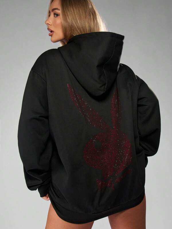 missguided Missguided x Playboy Halloween Oversized Hoodie Dress With Rhinestone Bunny Design