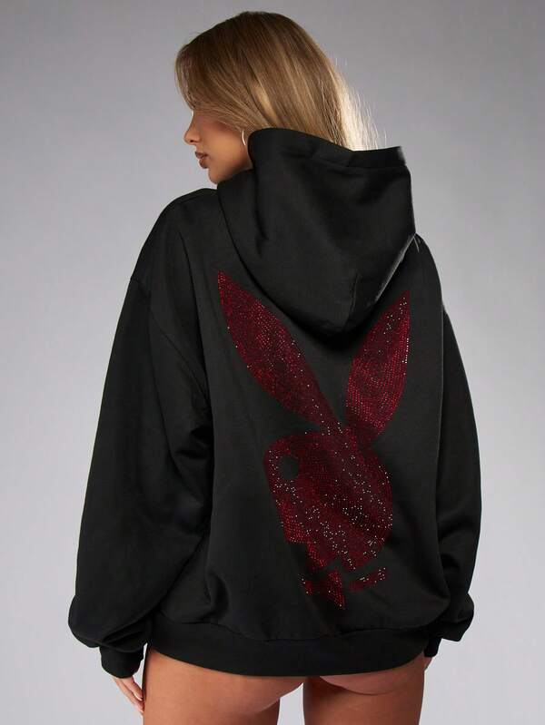 missguided Missguided x Playboy Halloween Oversized Hoodie With Rhinestone Bunny Design