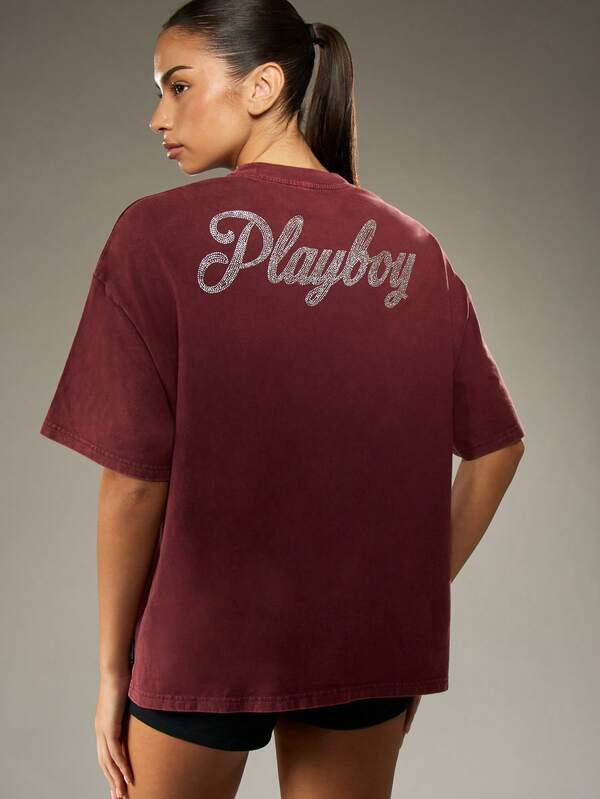 Missguided Missguided X Playboy Halloween Oversized Rhinestone Logo T-Shirt With Varsity Numbers