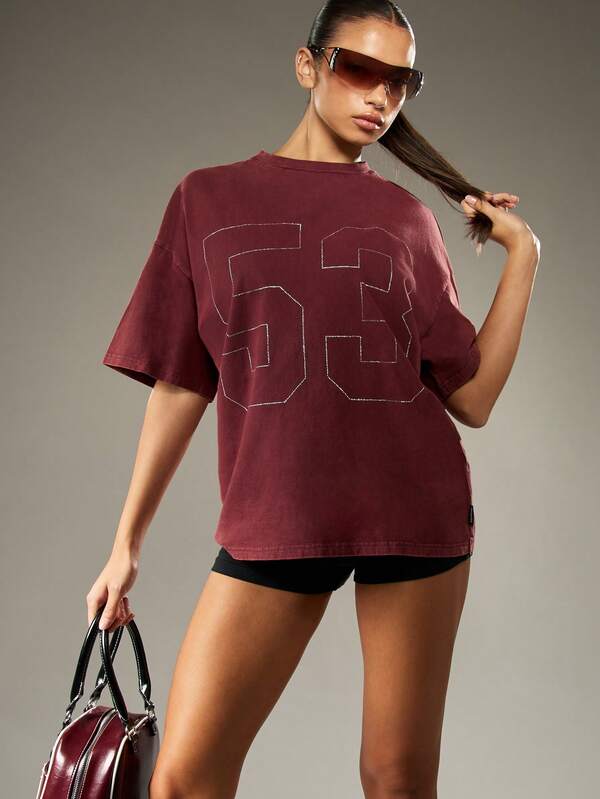 missguided Missguided x Playboy Halloween Oversized Rhinestone Logo T-Shirt With Varsity Numbers