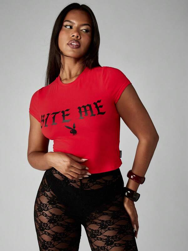 Missguided Missguided X Playboy Halloween Red Baby Tee With Gothic Text Print