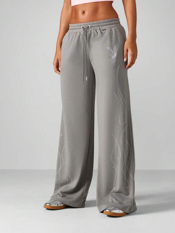 Missguided Missguided X Playboy Halloween Relaxed Wide Leg Pants With Crystal Flame Design