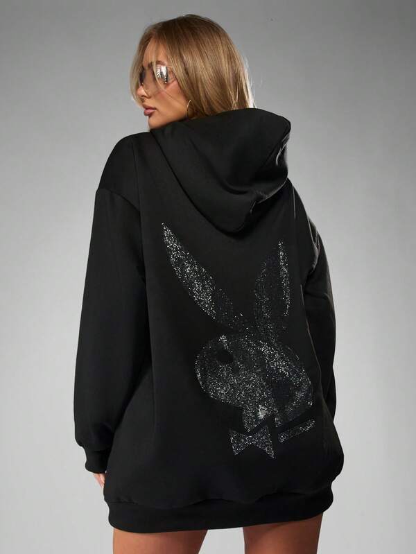 Missguided Missguided X Playboy Halloween Rhinestone Bunny Embellished Hoodie Dress With Pleated Skirt