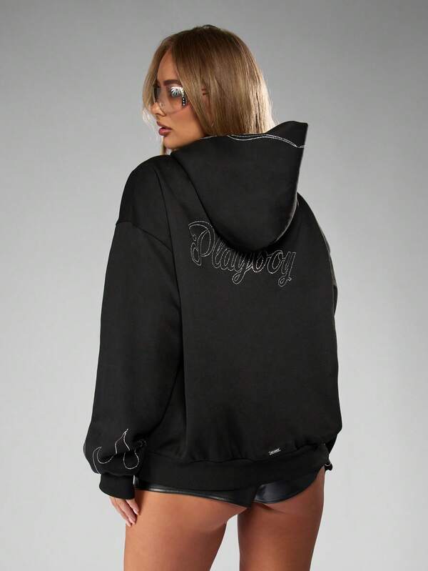 Missguided Missguided X Playboy Halloween Rhinestone Embellished Oversized Hoodie With Drawstring