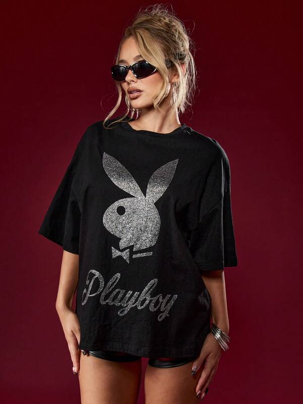 Missguided Missguided X Playboy Halloween Rhinestone Logo Oversized Tee