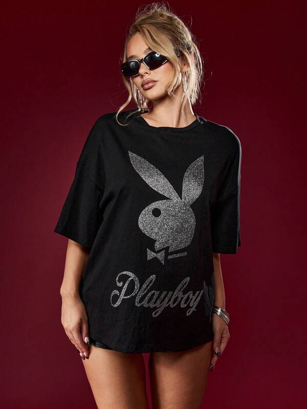 missguided Missguided x Playboy Halloween Rhinestone Logo Oversized Tee