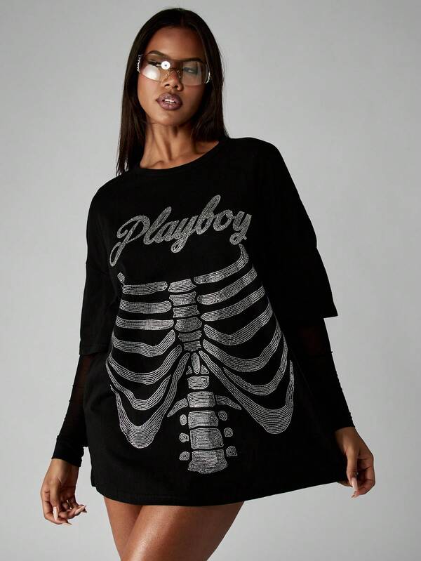 Missguided Missguided X Playboy Halloween Rhinestone Skeleton Design T-Shirt Mini Dress With Mesh Sleeves