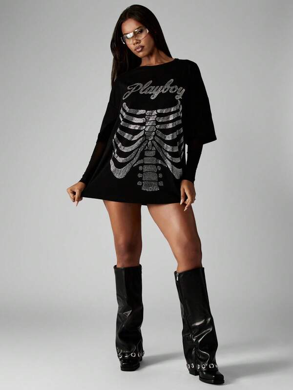 Missguided Missguided X Playboy Halloween Rhinestone Skeleton Design T-Shirt Mini Dress With Mesh Sleeves