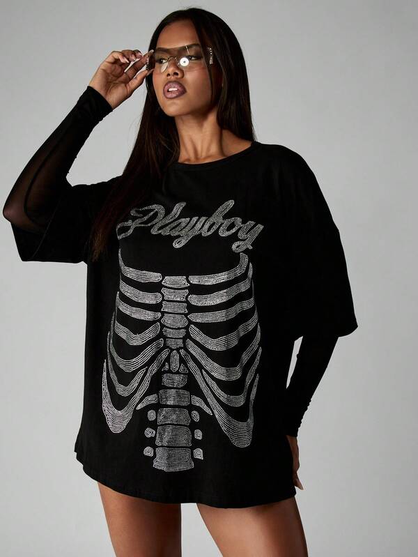 missguided Missguided x Playboy Halloween Rhinestone Skeleton Design T-Shirt Mini Dress With Mesh Sleeves