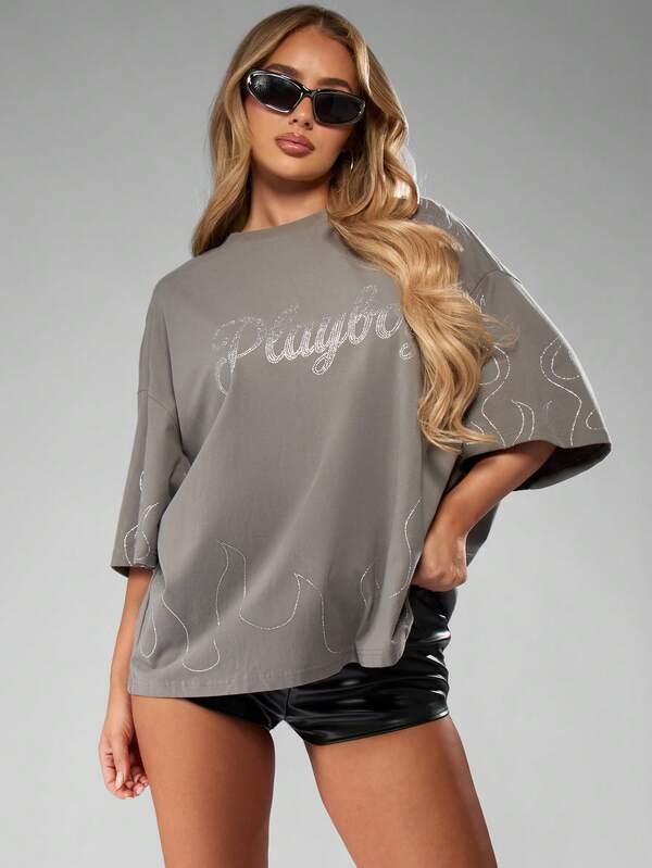 missguided Missguided x Playboy Halloween Rhinestone T-Shirt With Flames