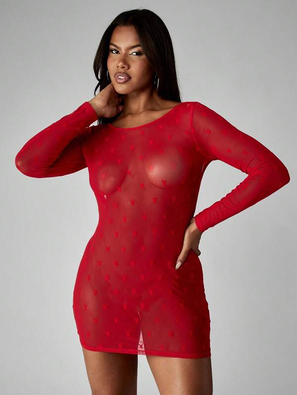 Missguided Missguided X Playboy Halloween Sheer Long Sleeve Backless Mini Dress With Allover Print