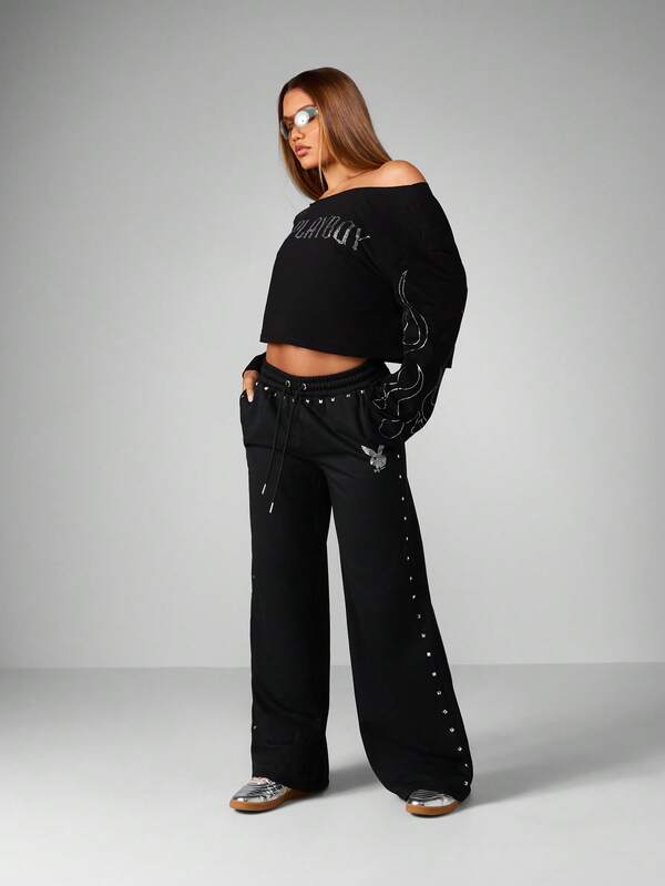 Missguided Missguided X Playboy Halloween Wide Leg Sweatpants With Rhinestone Logo And Studded Details