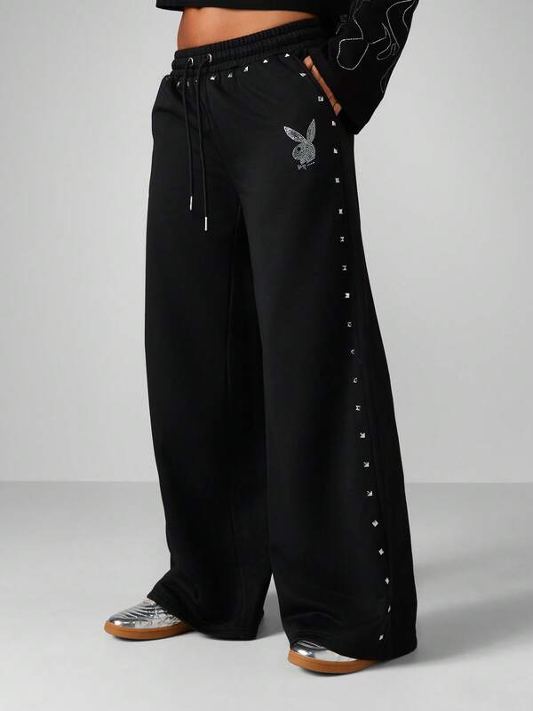 missguided Missguided x Playboy Halloween Wide Leg Sweatpants With Rhinestone Logo And Studded Details