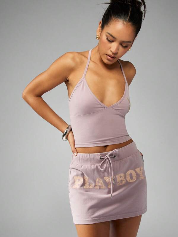 Missguided Missguided X Playboy Halter Neck Crop Lightweight Cami Tank Top