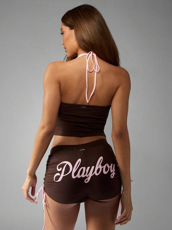 Missguided Missguided X Playboy Halter Neck Crop Top With Tie Detail Side Shorts