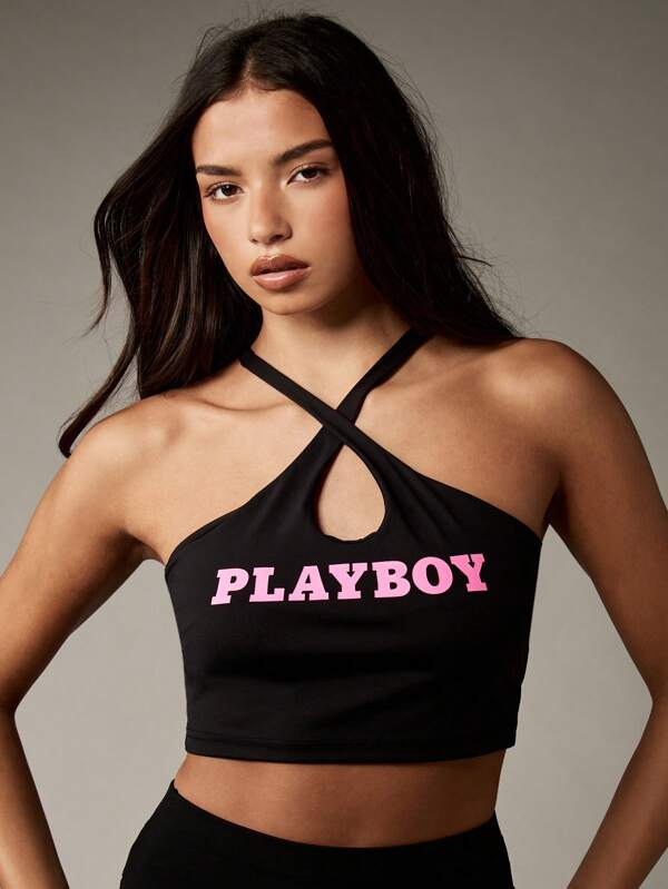 missguided Missguided x Playboy Halter Neck Cross Over Strap Cami Crop Top