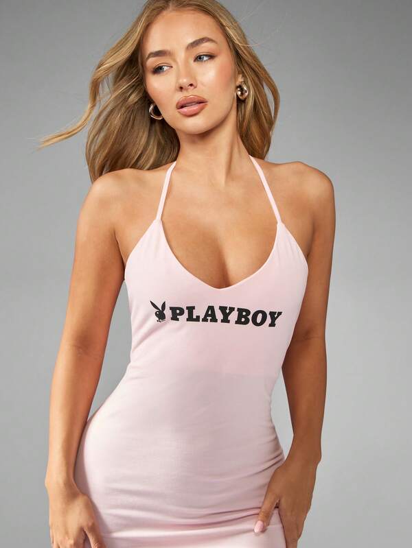 Missguided Missguided X Playboy Halter Neck Mini Dress With Tie Back Detail