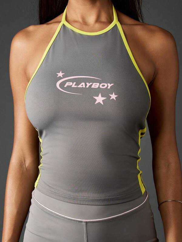 missguided Missguided x Playboy Halter Tank With Logo And Contrast Trim