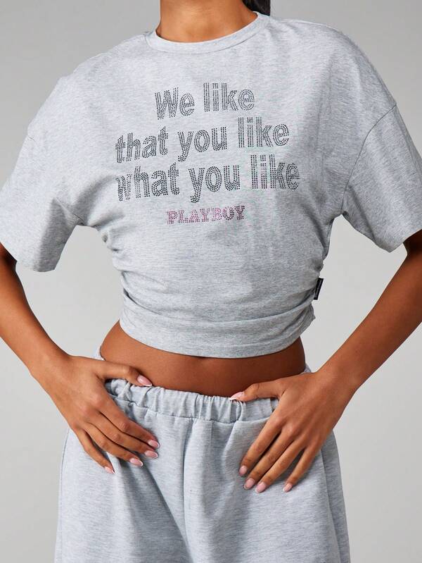Missguided Missguided X Playboy Heather Grey T-Shirt With Rhinestone Text