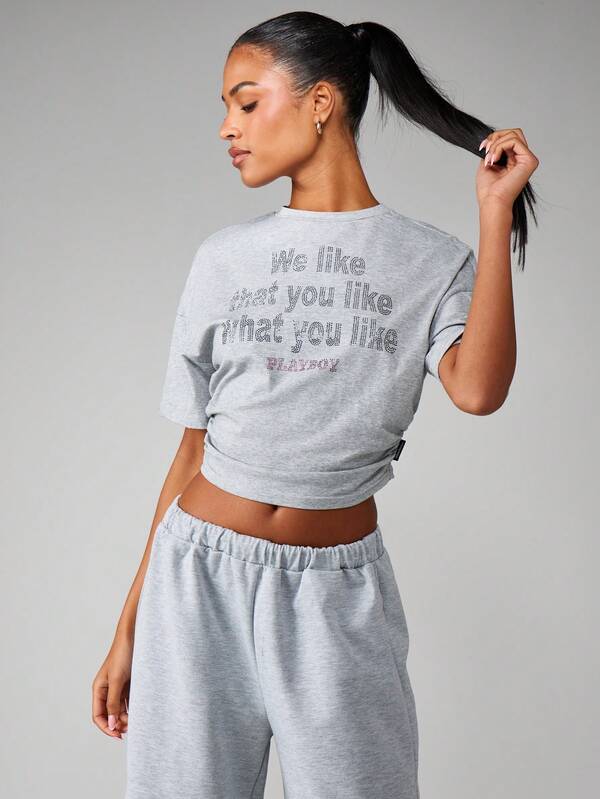 missguided Missguided x Playboy Heather Grey T-Shirt With Rhinestone Text