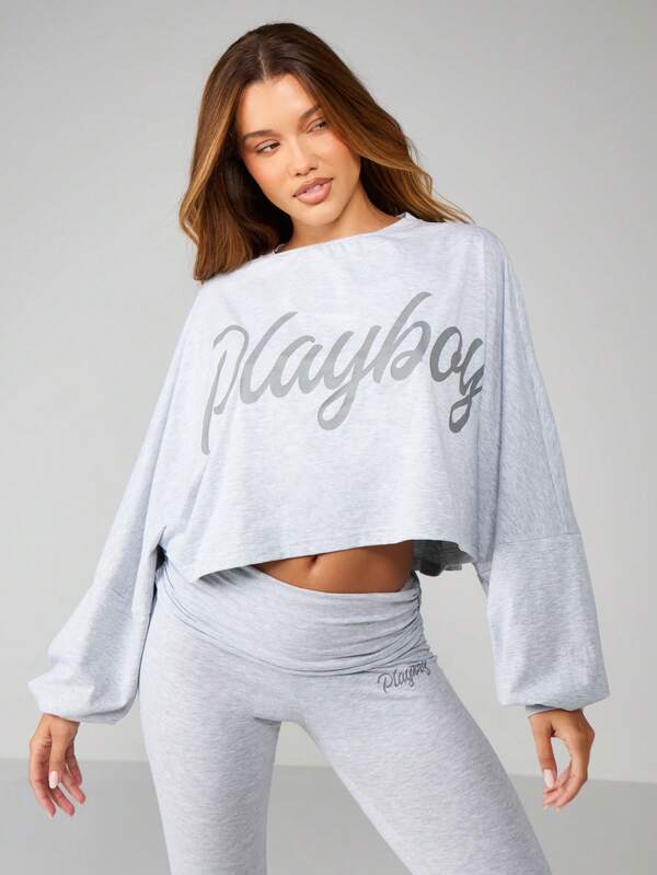 Missguided Missguided X Playboy Heather Script Long Sleeve Crop Top Flare Pants