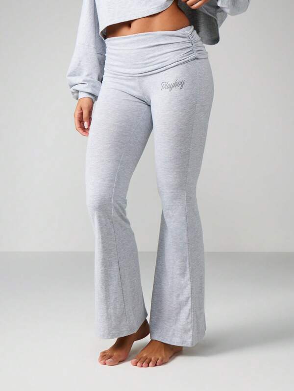 Missguided Missguided X Playboy Heather Script Long Sleeve Crop Top Flare Pants