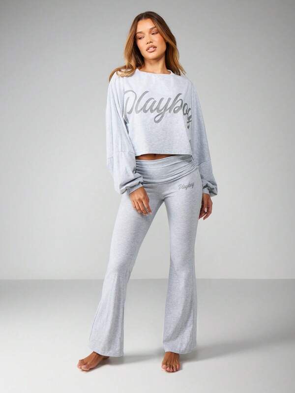 missguided Missguided x Playboy Heather Script Long Sleeve Crop Top Flare Pants
